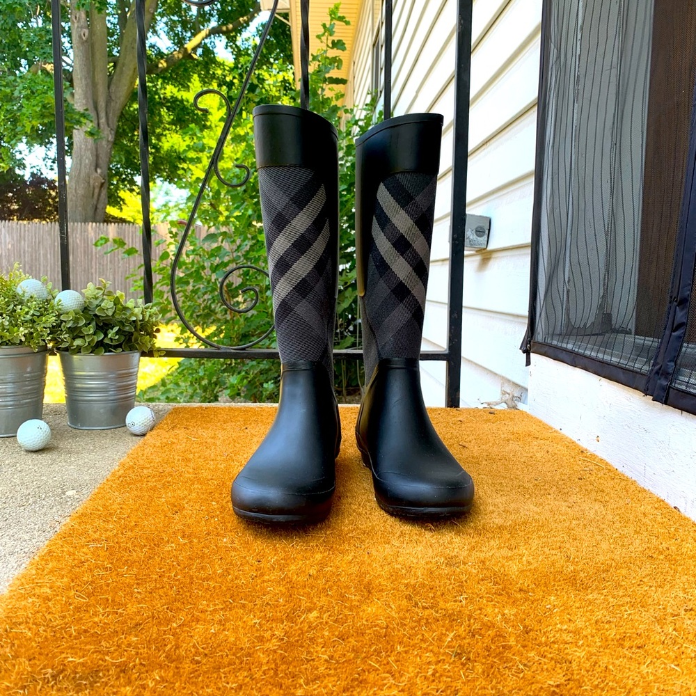 Burberry Black & Gray Check Tall Rain Boots